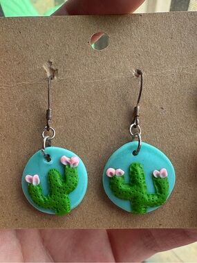 Handmade Turquoise Blooming Cactus Flower Polymer Clay Earrings